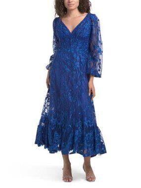 MAC DUGGAL Long Sleeve Floral Embroidered Dress
